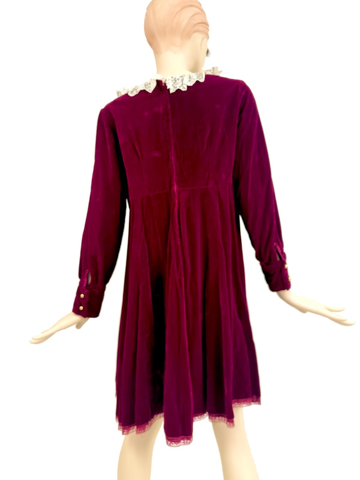 Vintage Dark Red Velvet Mini Dress Empire Lace Ruffle Long Sleeve Mod M/L