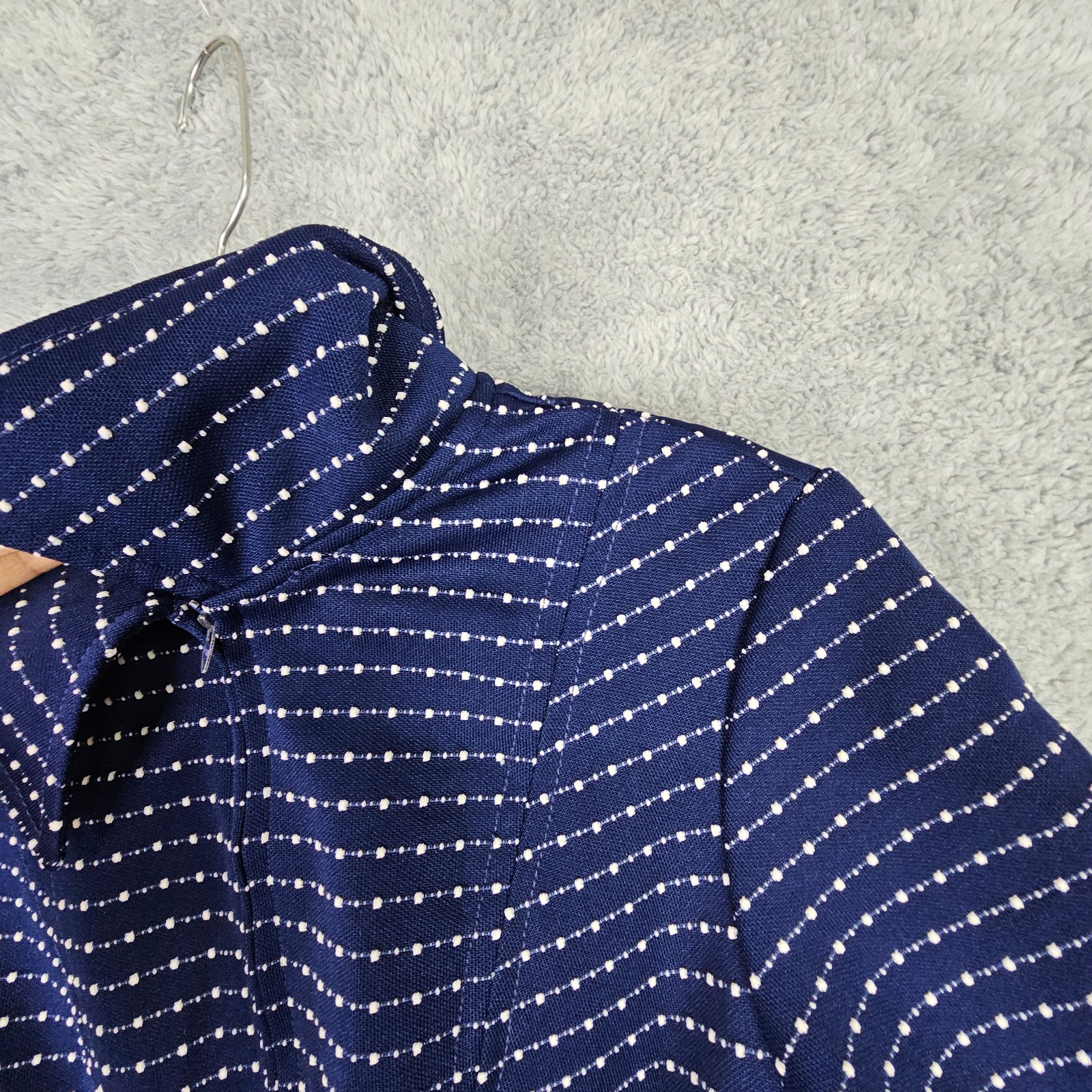 VTG 70s Womens Swing Dress S Blue Collared Zip Up Short Sleeve Inverted Pleats