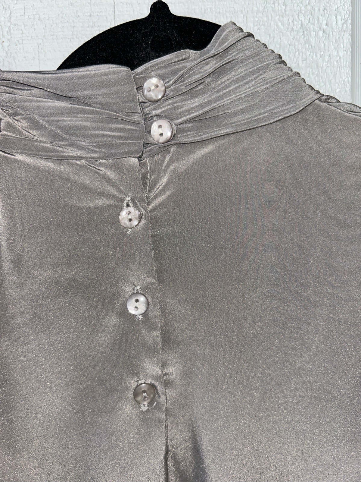 Anne Kriste Vintage High Neck Puff Sleeve Blouse Gray Satin Modest Dark Academia