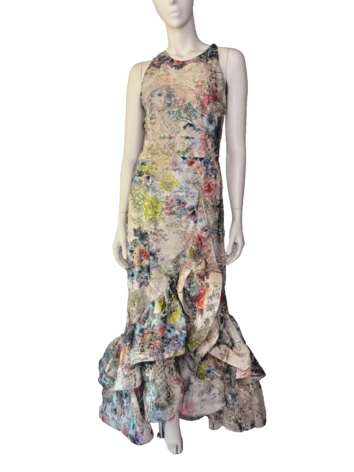 Metallic Lace Floral Ruffle Gown | Sequin Embellished Couture Statement