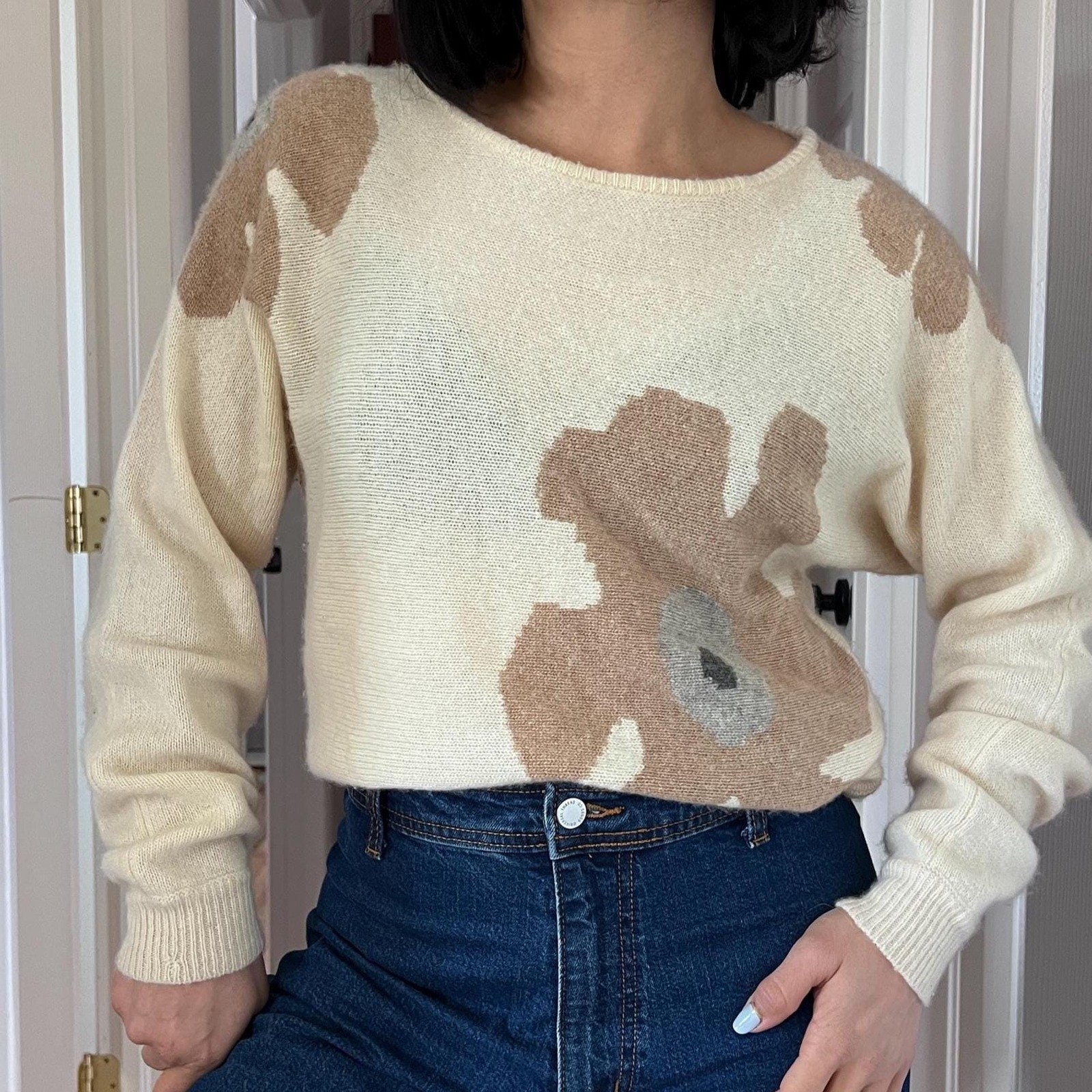 Vintage 90s Cashmere Blend Oversized Floral Sweater Cream Neutral Cottagecore M