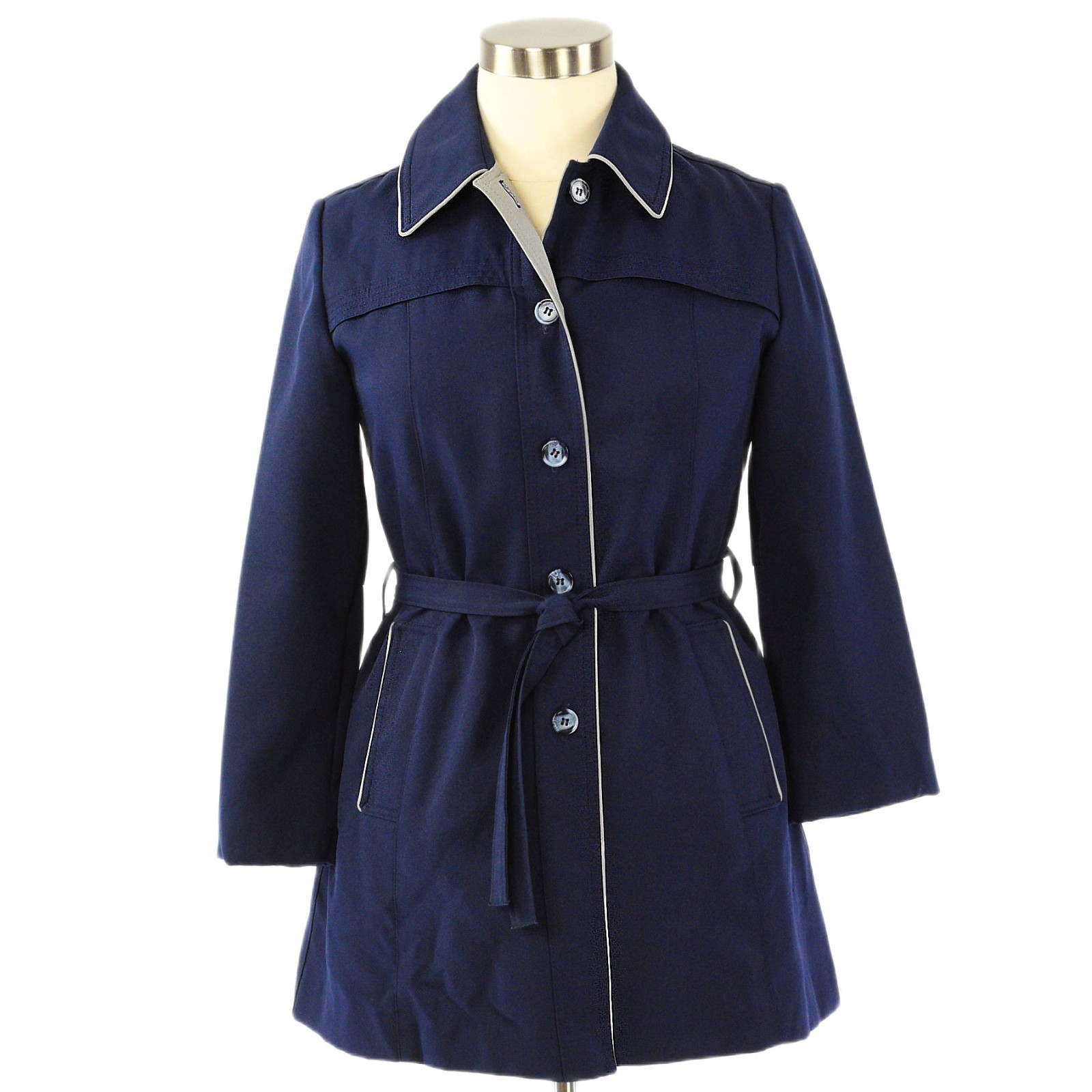 70s Vintage Gabardine Jacket Womens M Navy Blue Trench Coat Gray Piping Belted