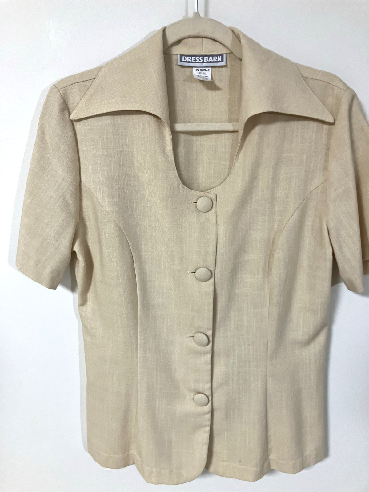 Vintage 60s Blouse Beige Tailored Top Wide Collar Mod Retro Womens