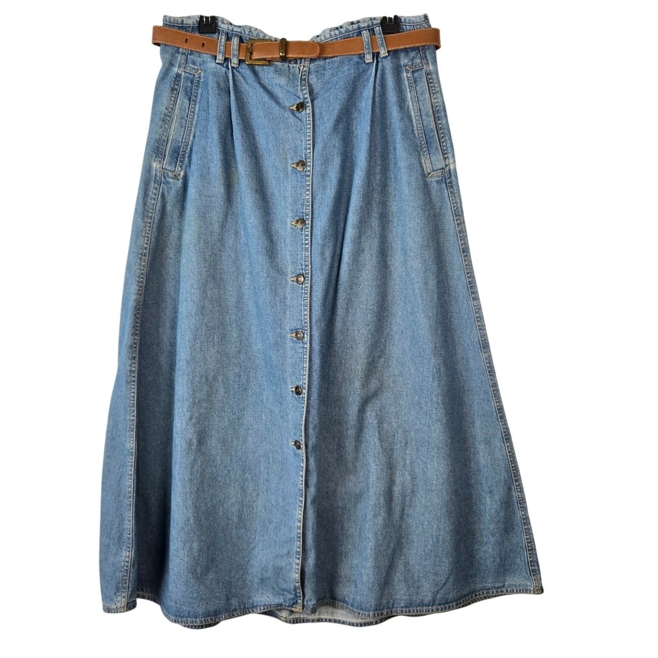 Vnt Lizwear Denim Maxi Button‑Down Coastal Cowgirl Skirt with Brown Belt Size 16