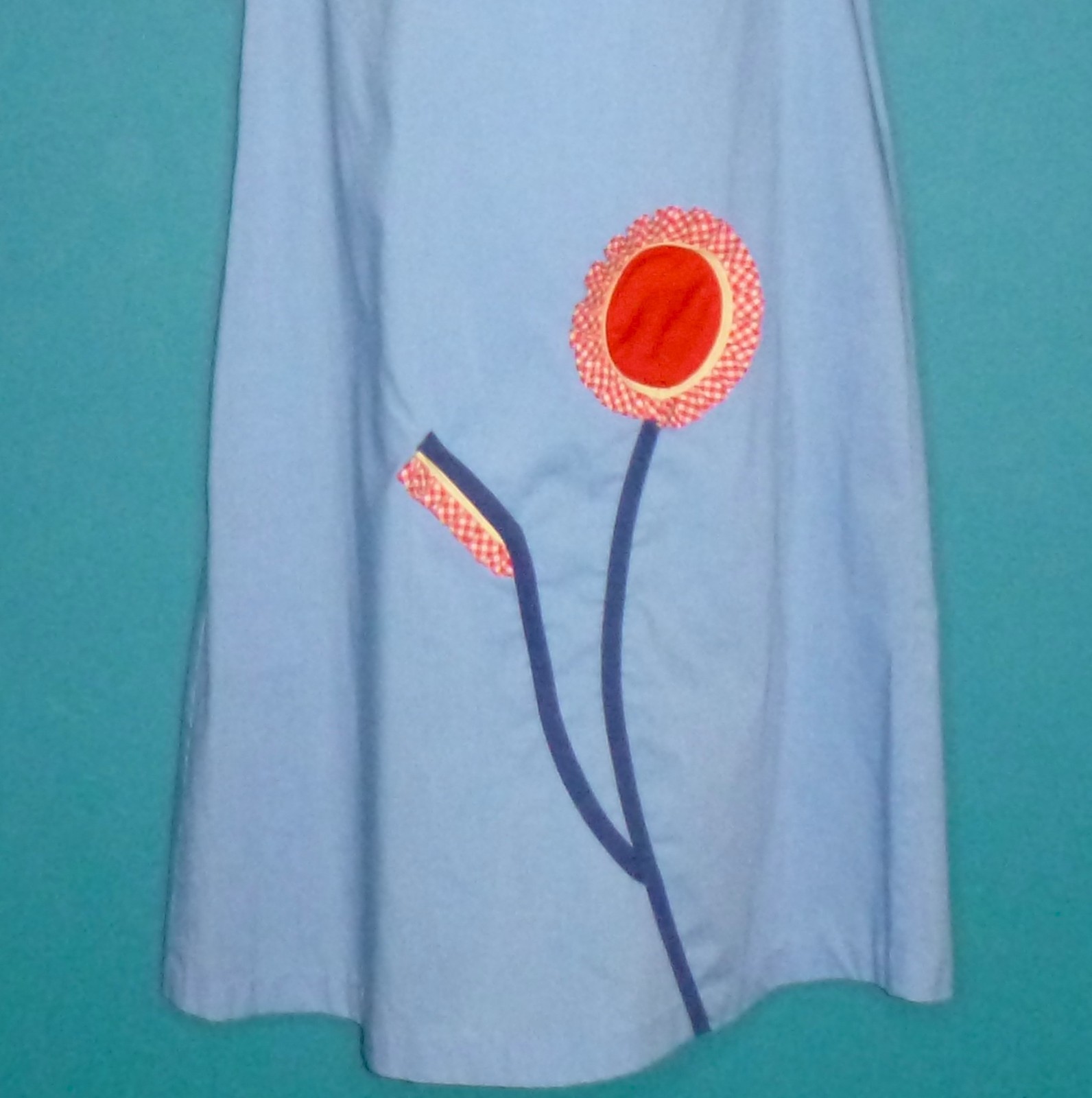 Vtg 60s Charmode House Dress Shift Blue W/ Red Gingham 3D Flower & Trim Sz S/M