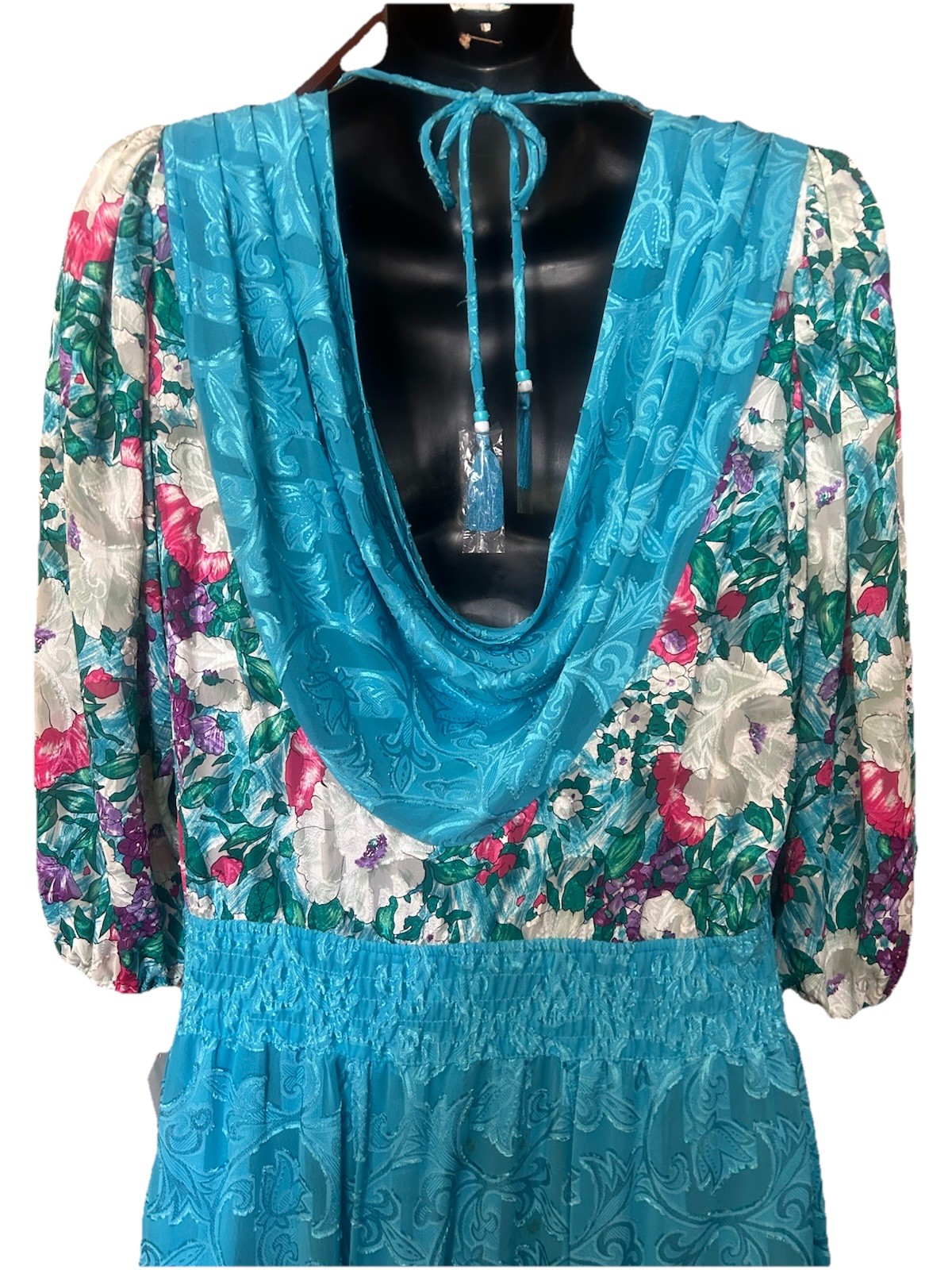 VTG 80’s Diana Freis Floral Print Brocade Poly Dress W/ Sequins+Scarf NWT Mod 12