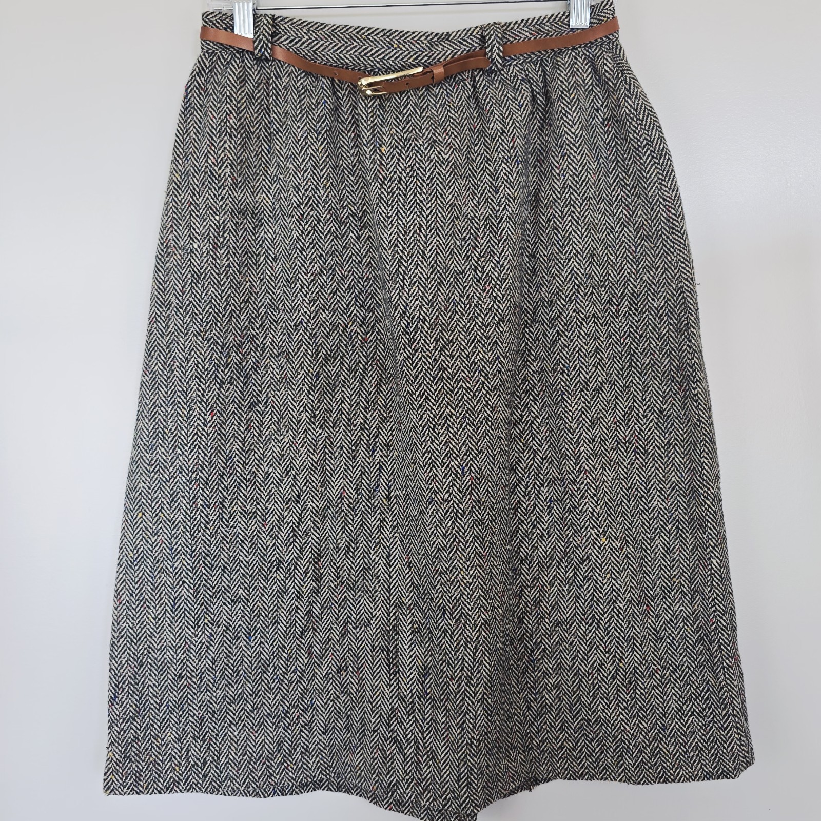Vtg Adam Yves Women Skirt Sz 13-14 Button Zip Belt Black White Pockets Slit.D194