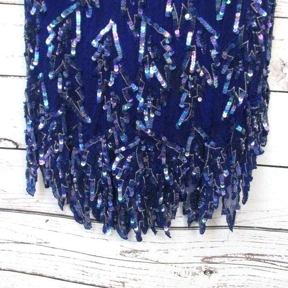Scala Vintage beaded and sequined blue gown evening dress L beaded fringe