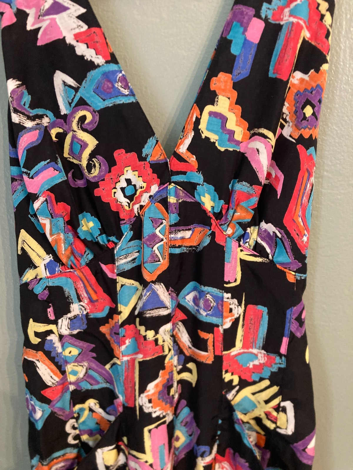 Bold Geometric Vintage Print Cross Back Strap Overall-Type Fitted Bust Dress