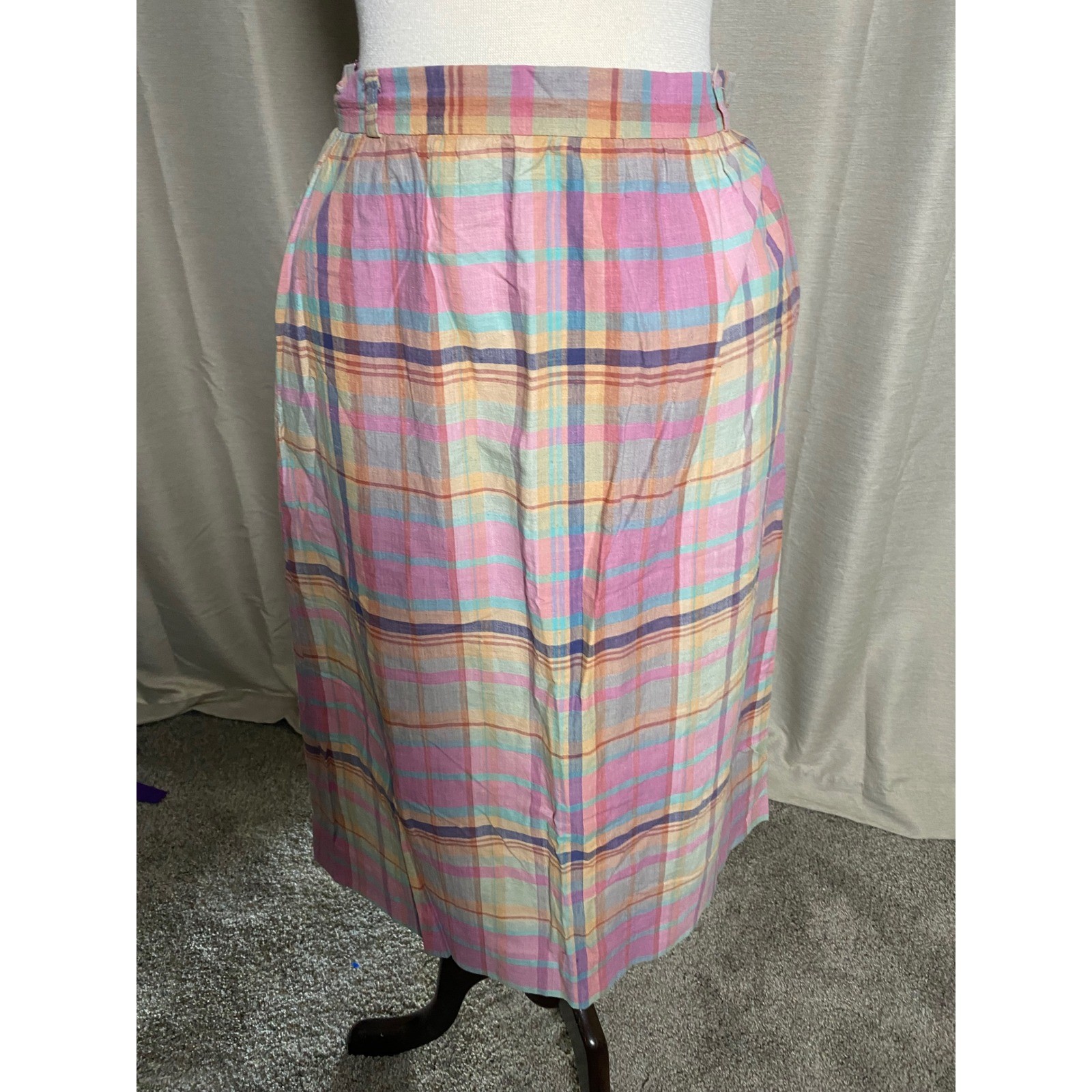 Vintage 70s Pastel Plaid Midi Skirt ILGWU Pink Orange High Waist Retro Pocket S