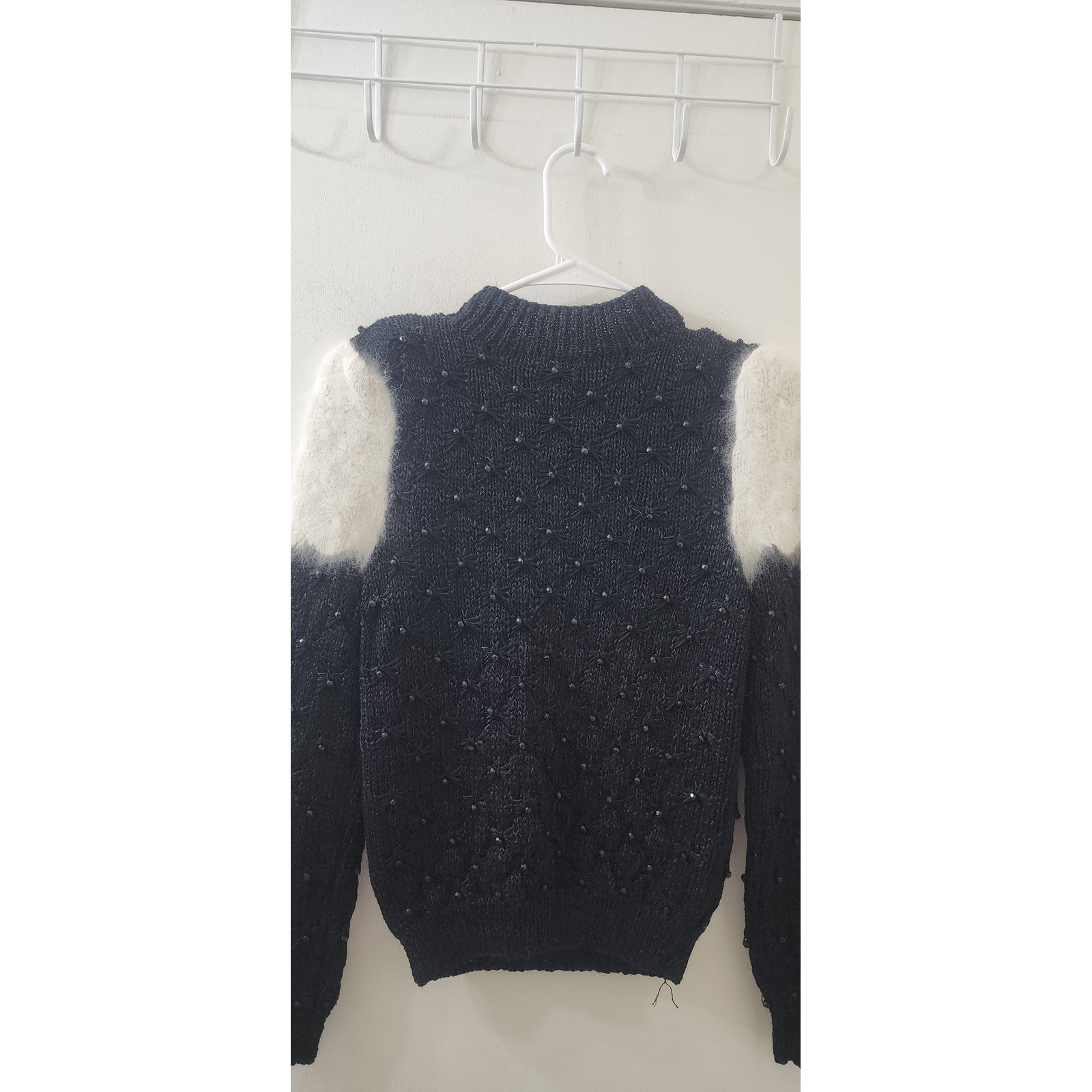 Lillie Rubin Vintage Hand Knit Beaded Angora Wool Sweater Black White Small