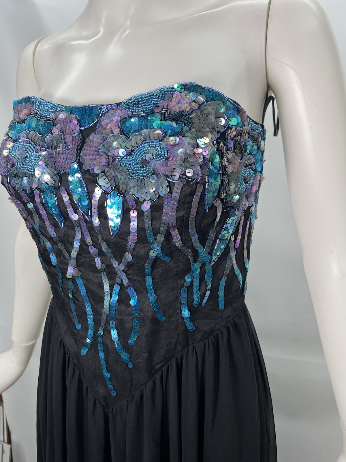 VTG Casadei Strapless Black Dress Sequins Chiffon Flowy Fairy Sz S