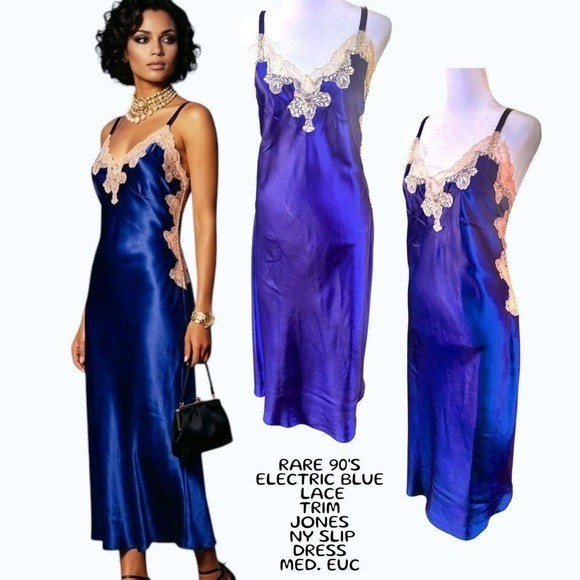 ✨ VINTAGE 90s JONES NEW YORK ELECTRIC BLUE SLIP DRESS M✨