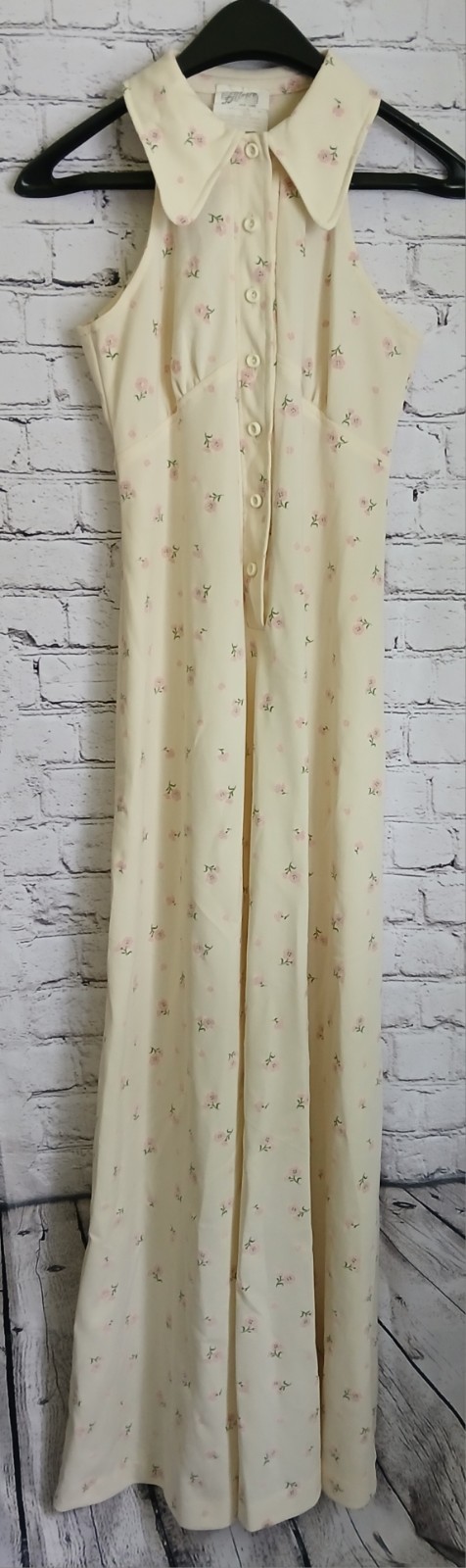 Vintage 1970s Allegro Maxi Dress Creme Floral Halter Neck
