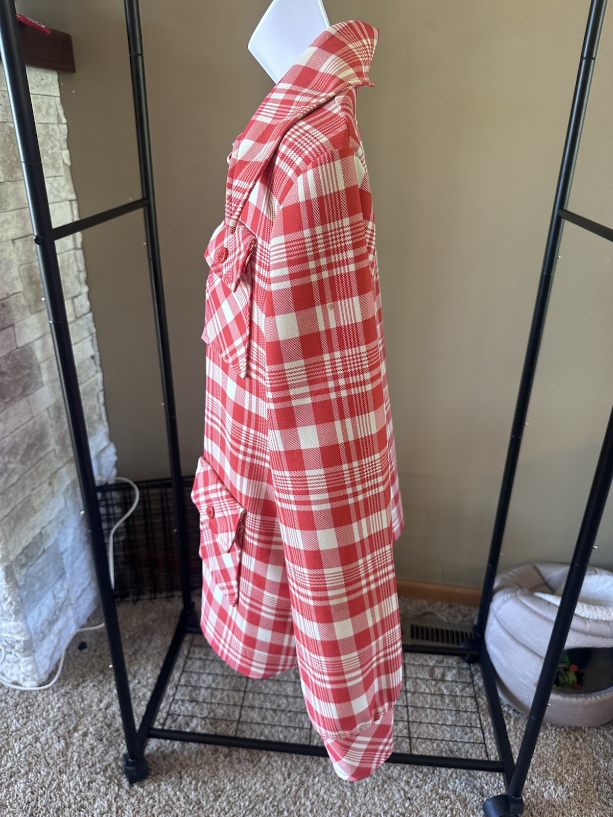 Dixie Deb Vintage Shirt Polyester Red And White Plaid. Button Up, 4 Pockets.