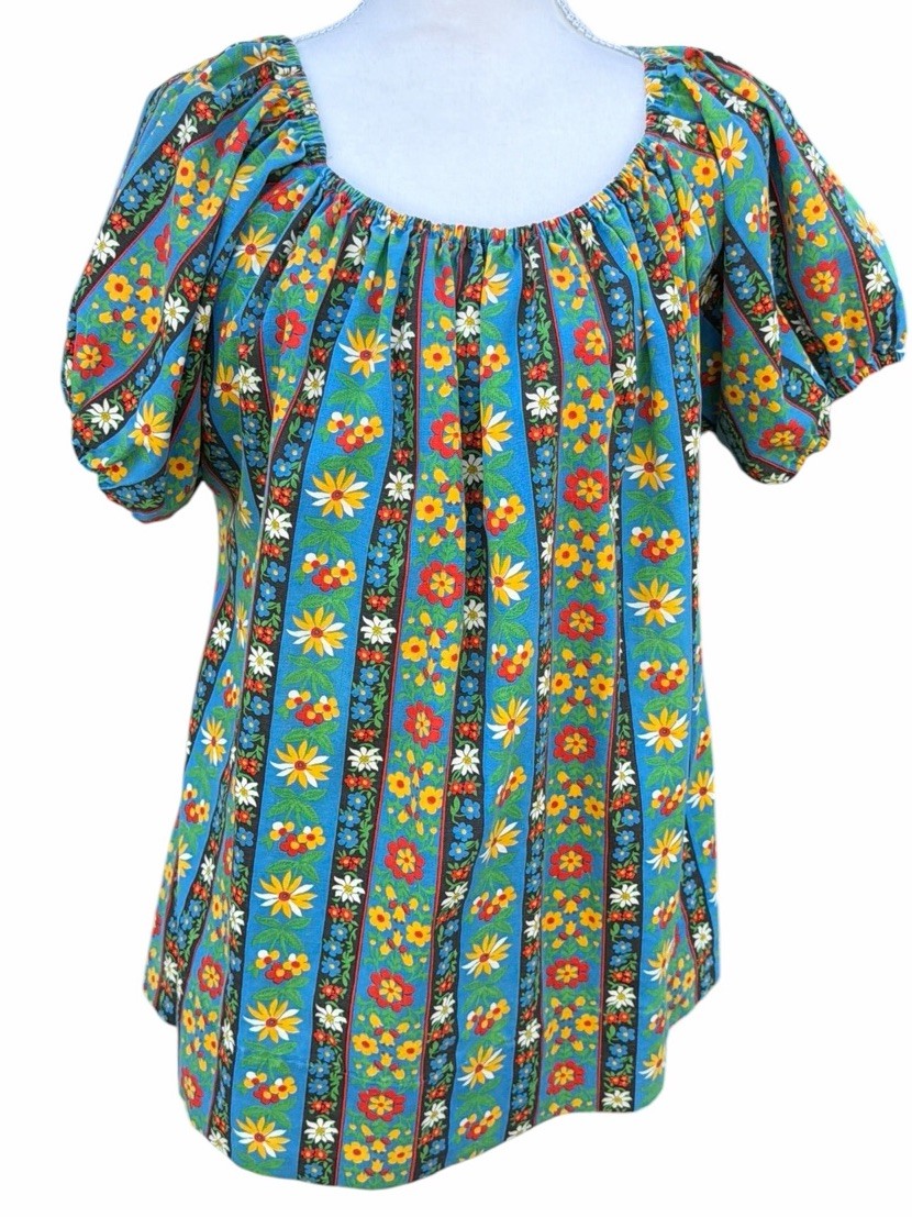 Vintage 70s Handmade Psychedelic Floral Tunic Top 2X Cotton Off Shoulder