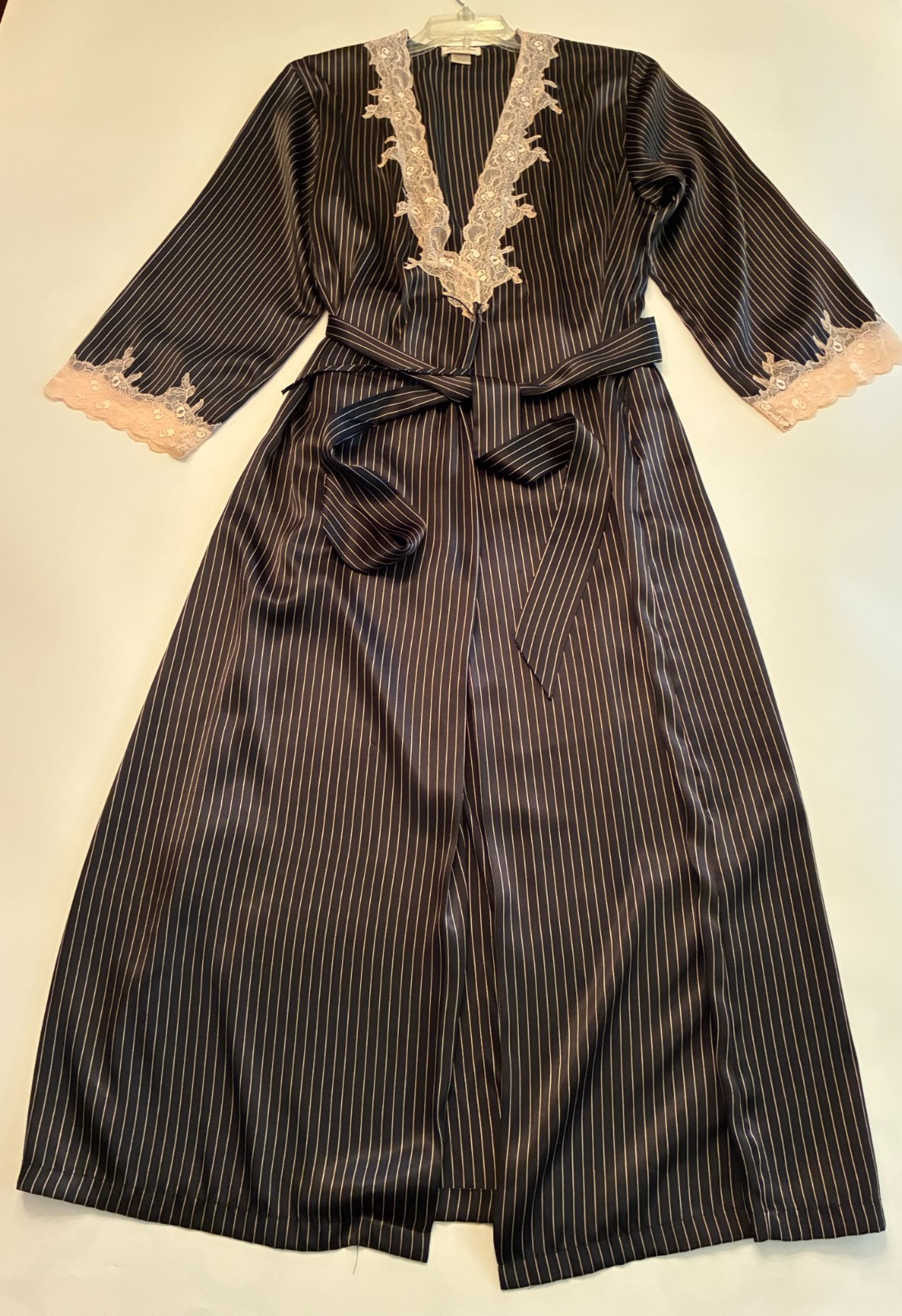 JONES NEW YORK Black PINSTRIPE ROBE Size XL PINK LACE Maxi French Maid Steampunk
