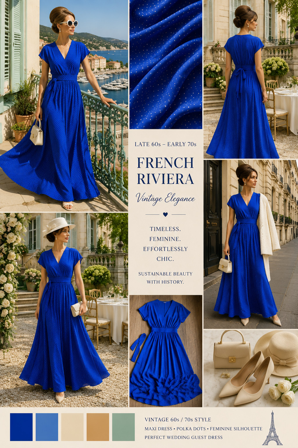 Vintage 60s 70s Maxi Dress Royal Blue Polka Dot Jersey Belted Size 38 40 42