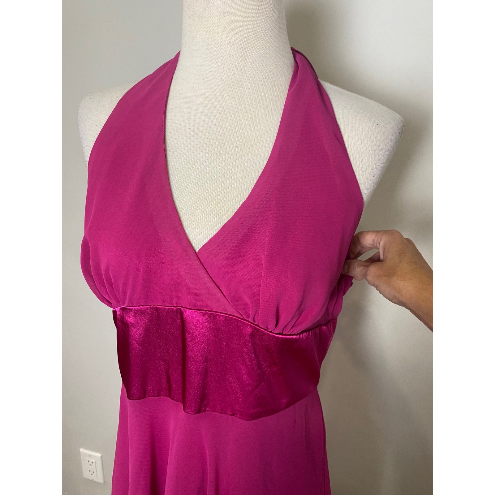 Vintage Jessica Howard Magenta Pink Halter Midi Dress 90s Y2K Satin Waist 12