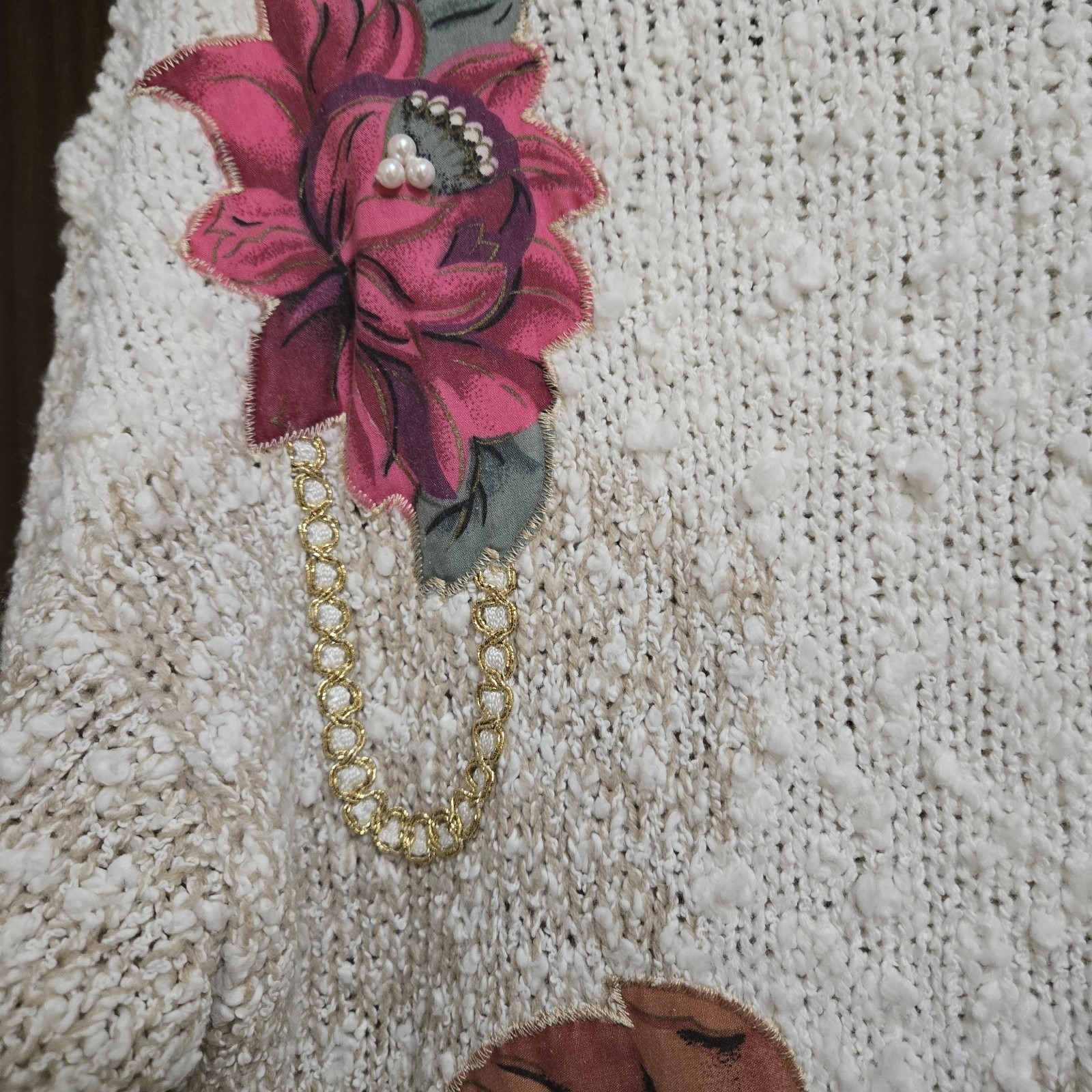 Needles & Yarn Vintage Popcorn Knit Floral Applique Sweater Pearl Accents Medium