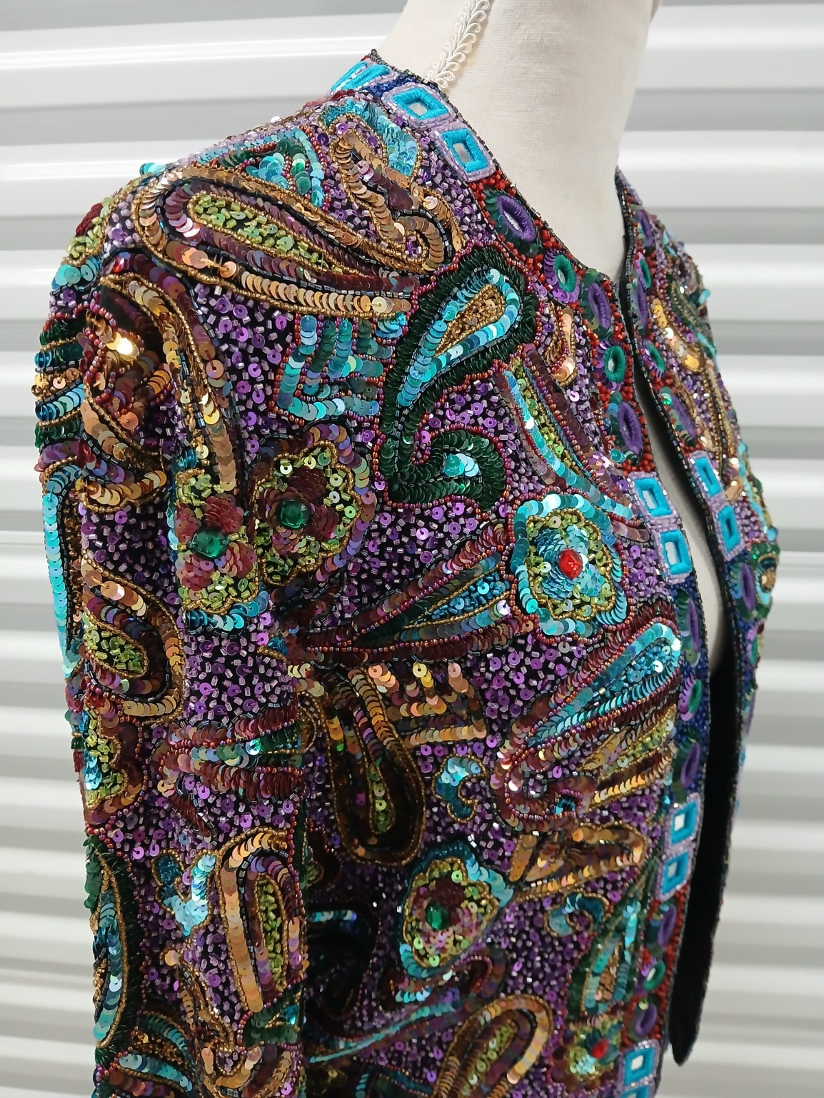VTG Troy Trophy Bolero Jacket Cropped Beaded Sequin Mirror Art Wear Sz S Boho