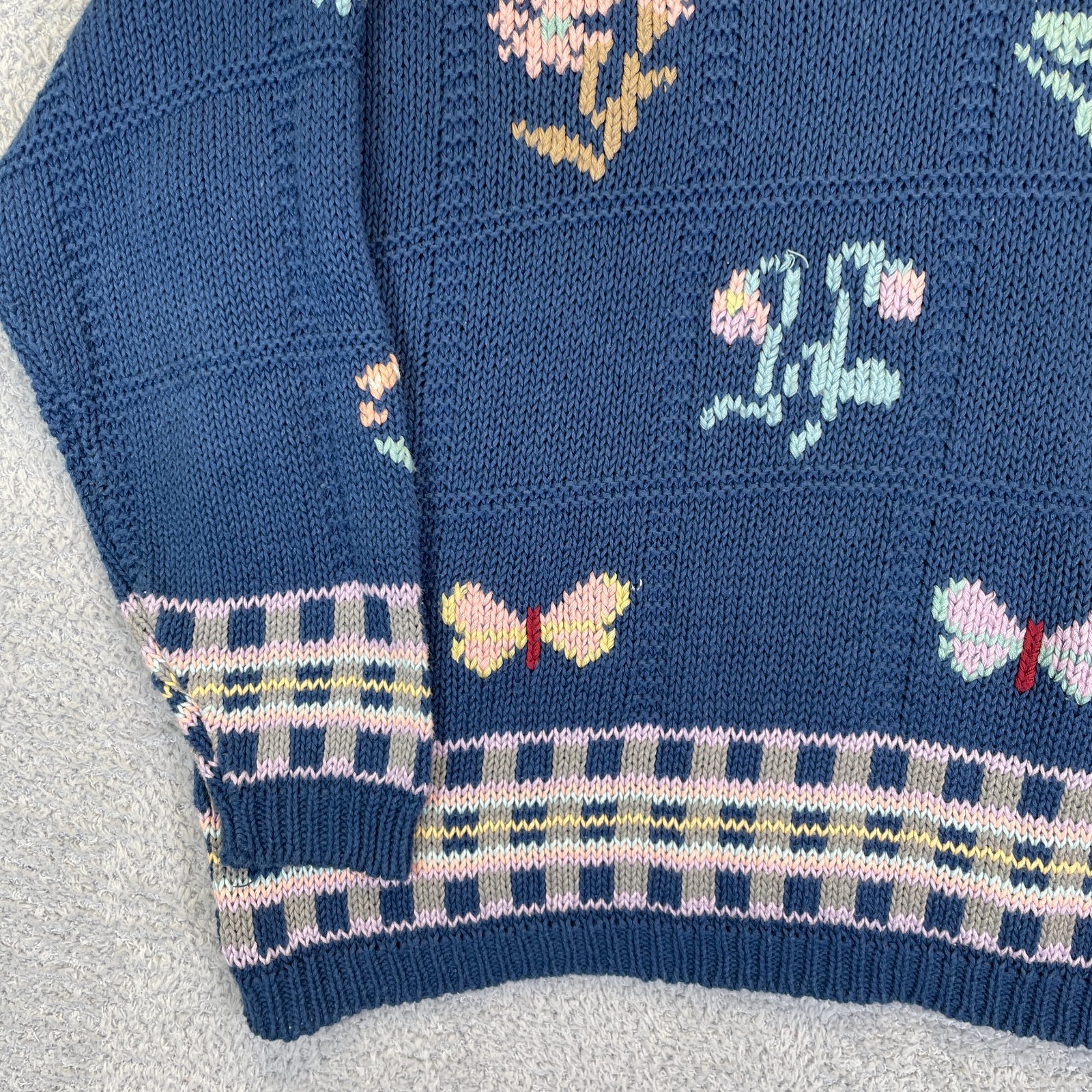 Vintage 90s Mixed Blues Floral Butterfly Sweater Cottagecore Grandmacore Large