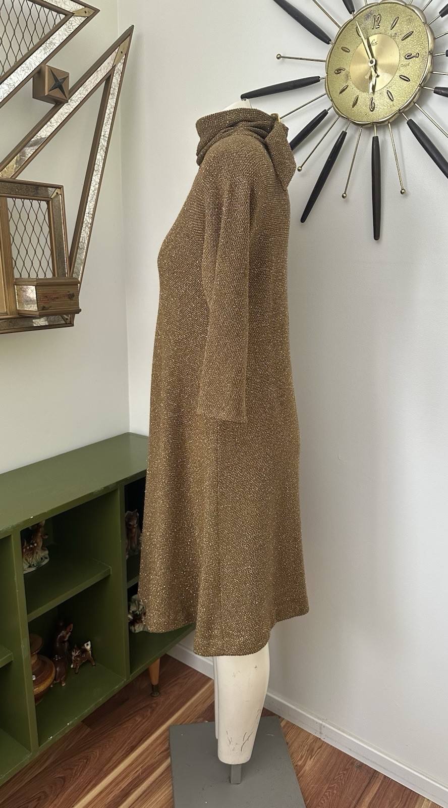 Vintage Brown And Glitter Gold Knit Sweater Dress By Pauline Trigere