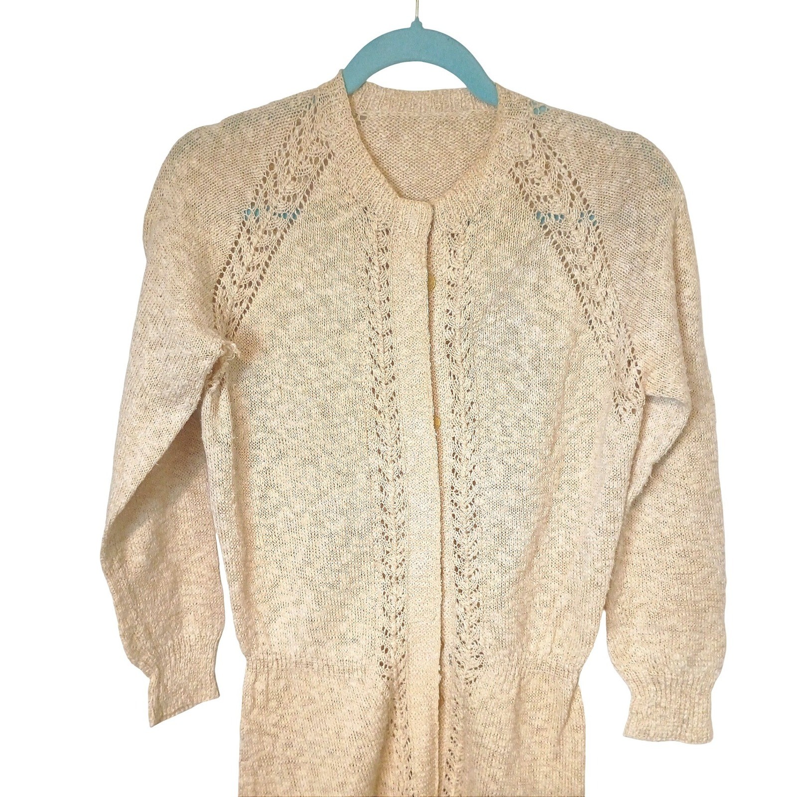 Vintage Handmade Pointelle Knit Cardigan Dress Oatmeal Beige Longline Midi XL