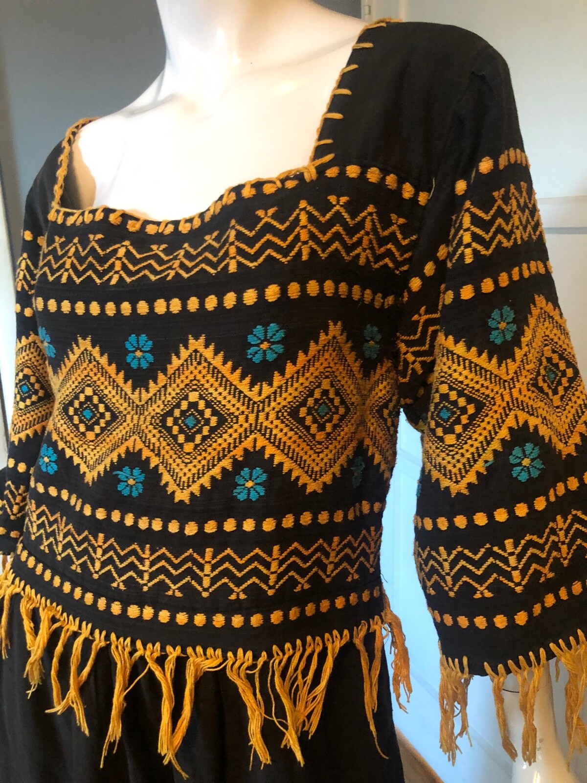 Dress M Vtg 70s Cotton EMBROIDERED FLORAL FRINGE Ethnic BOHO Mexican MIDI OOAK