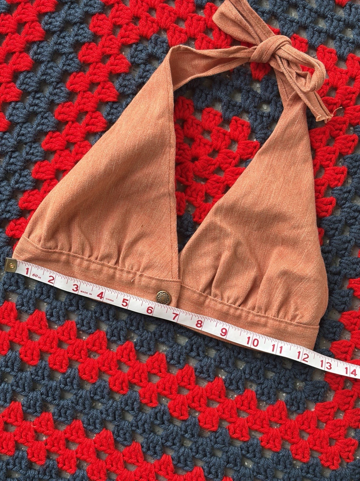 Vintage 70s Peachy Denim Halter Top Retro Hippie Boho Festival, XS-XXS