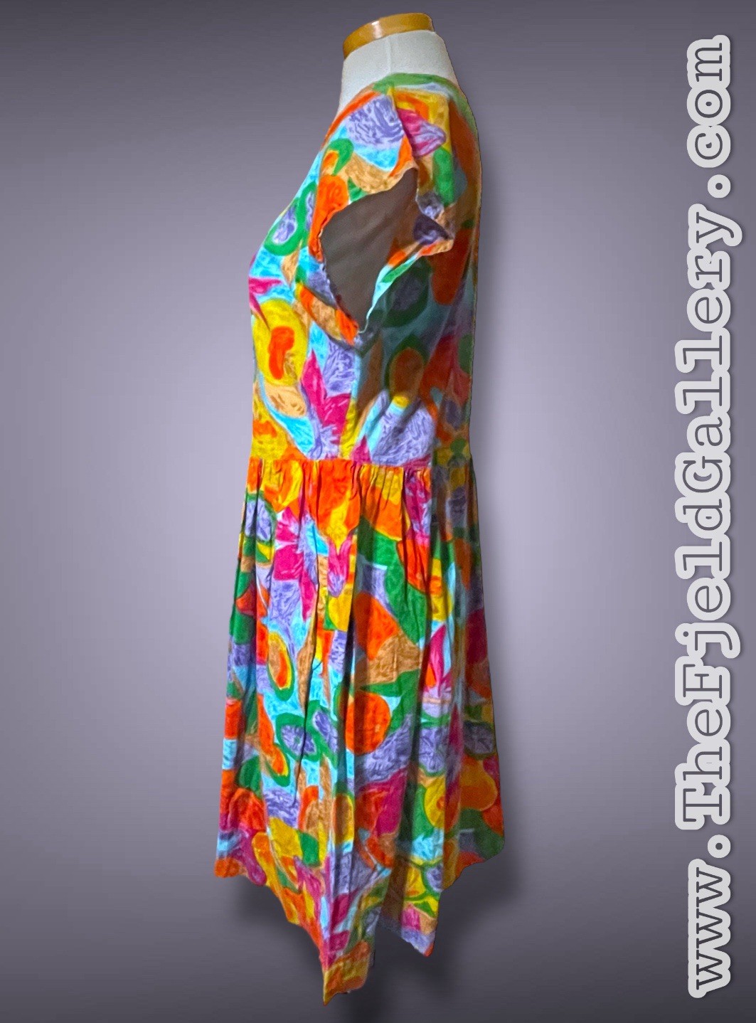 1990’s Bright Rainbow Flower & Fruit Pattern Button Bust Pocket Dress
