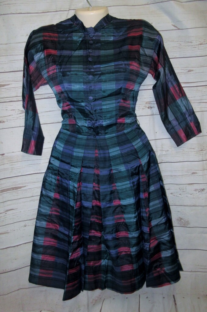 VTG 50’s Jonathan Logan Dress Rockabilly Satin Stripe Pleated 11 32/24/36 Plaid