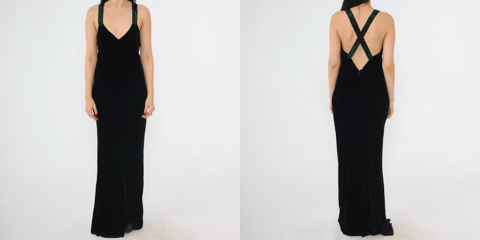 Vintage Ralph Lauren Collection Gown 90s Black Velvet Evening Dress Sequin Strap