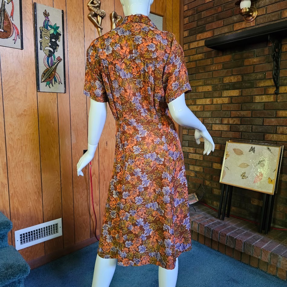 Vintage 40s 50s Novelty Fall Print Volup Shirtwaist Cold Rayon Day Swing Dress L