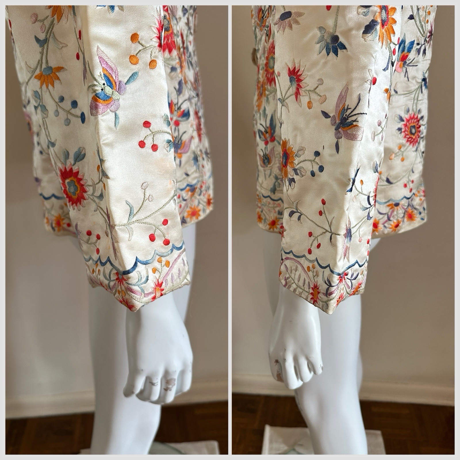 1920s 30s Silk Embroidered Export Piano Shawl Jacket Moth Floral Peking Knot VTG