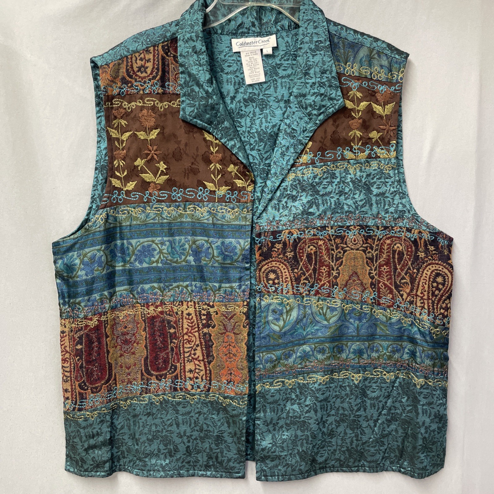 Coldwater Creek Women Teal Vest Large Open Front Boho Patchwork Silk Blend