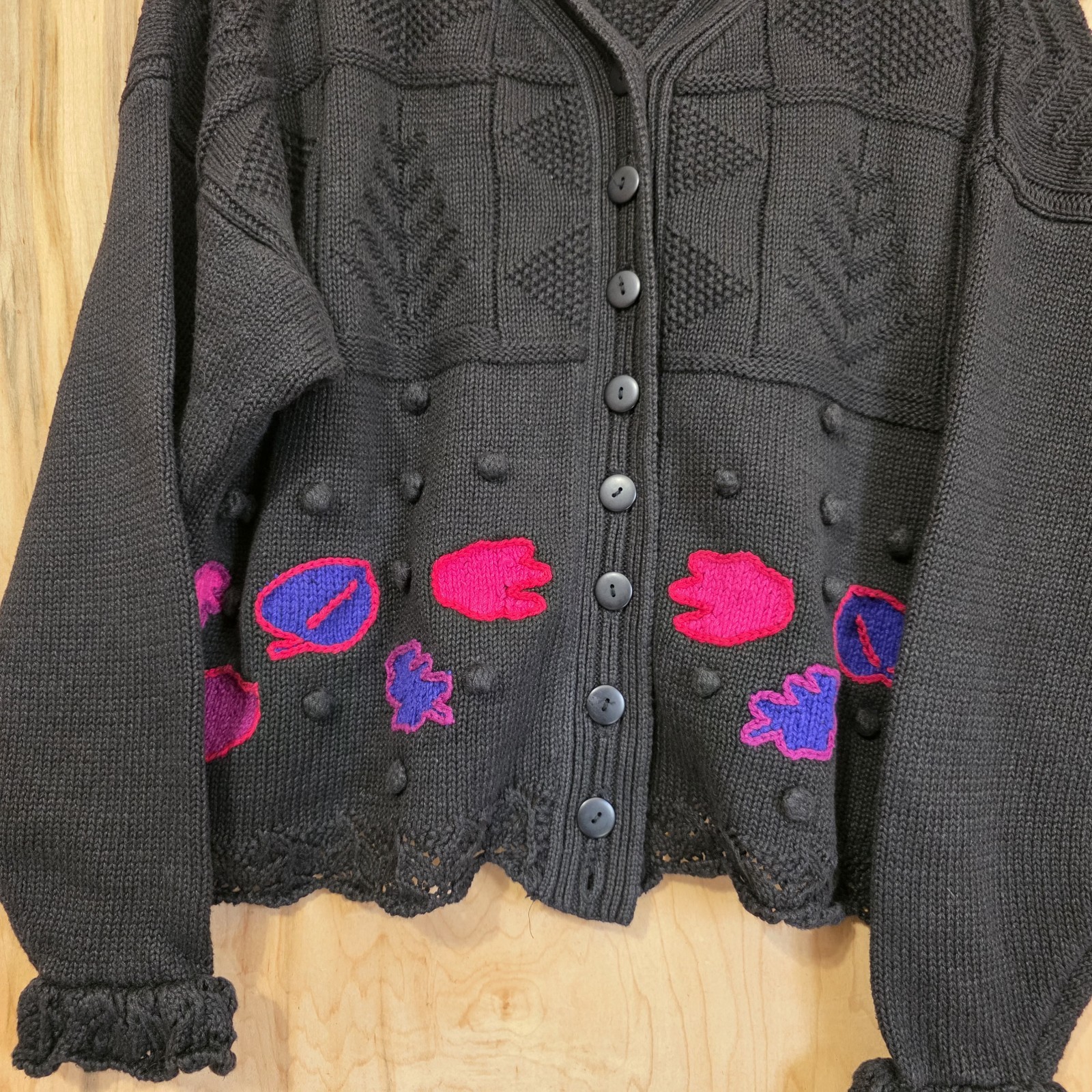 Generra Womens Vintage 80s Boxy Style Black Cotton Floral Cardigan Size Medium