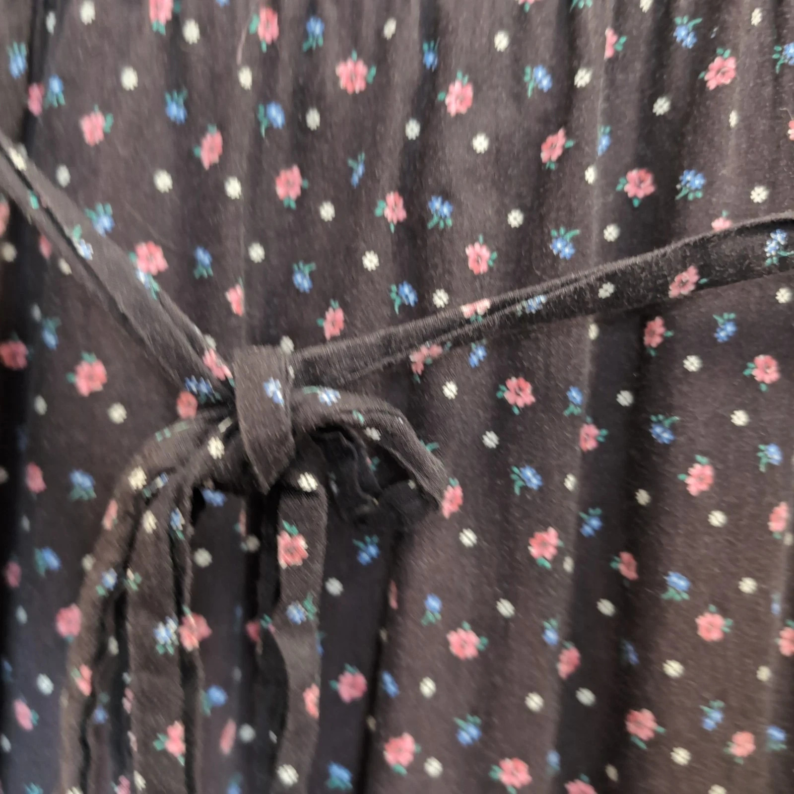 Vtg JCPenney Dress Black Cottage Calico Floral Prairie Tie 70s Renaissance Fair
