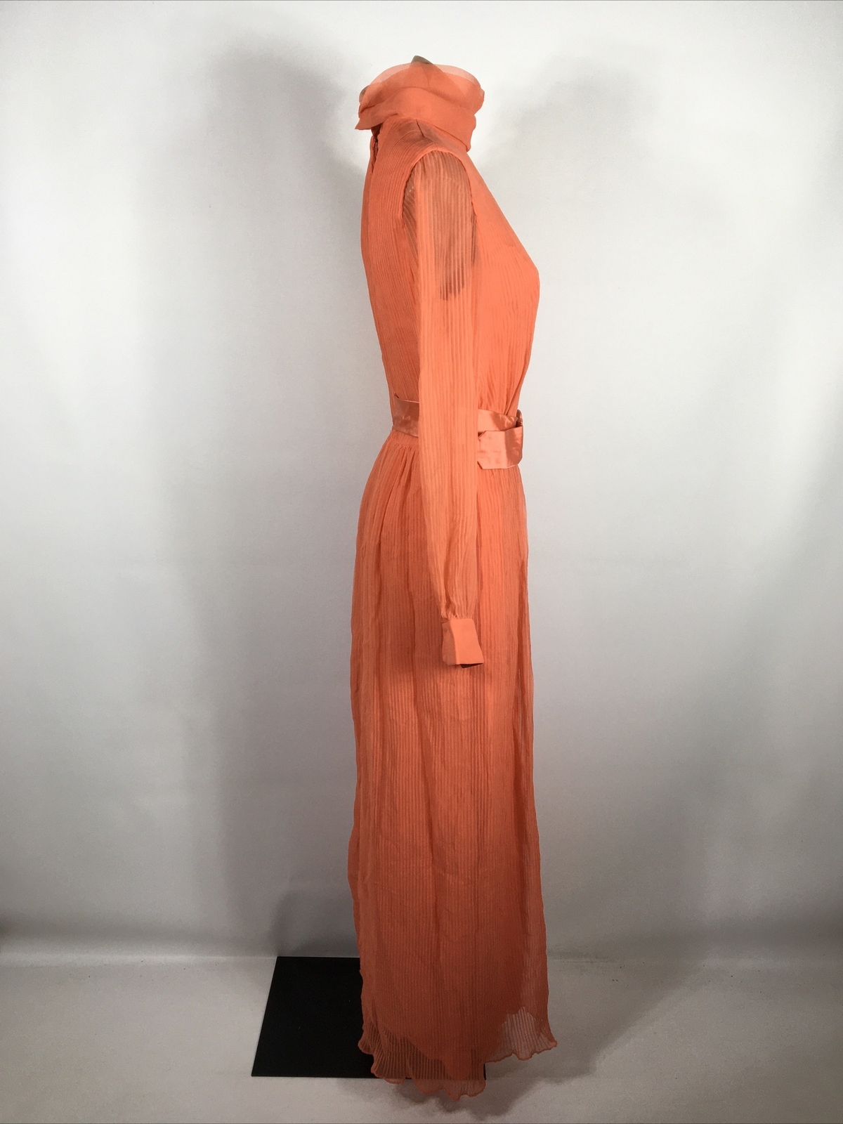 Miss Elliette Coral Illusion Sleeve High Collar Pleated Vtg 60’s Gown Dress