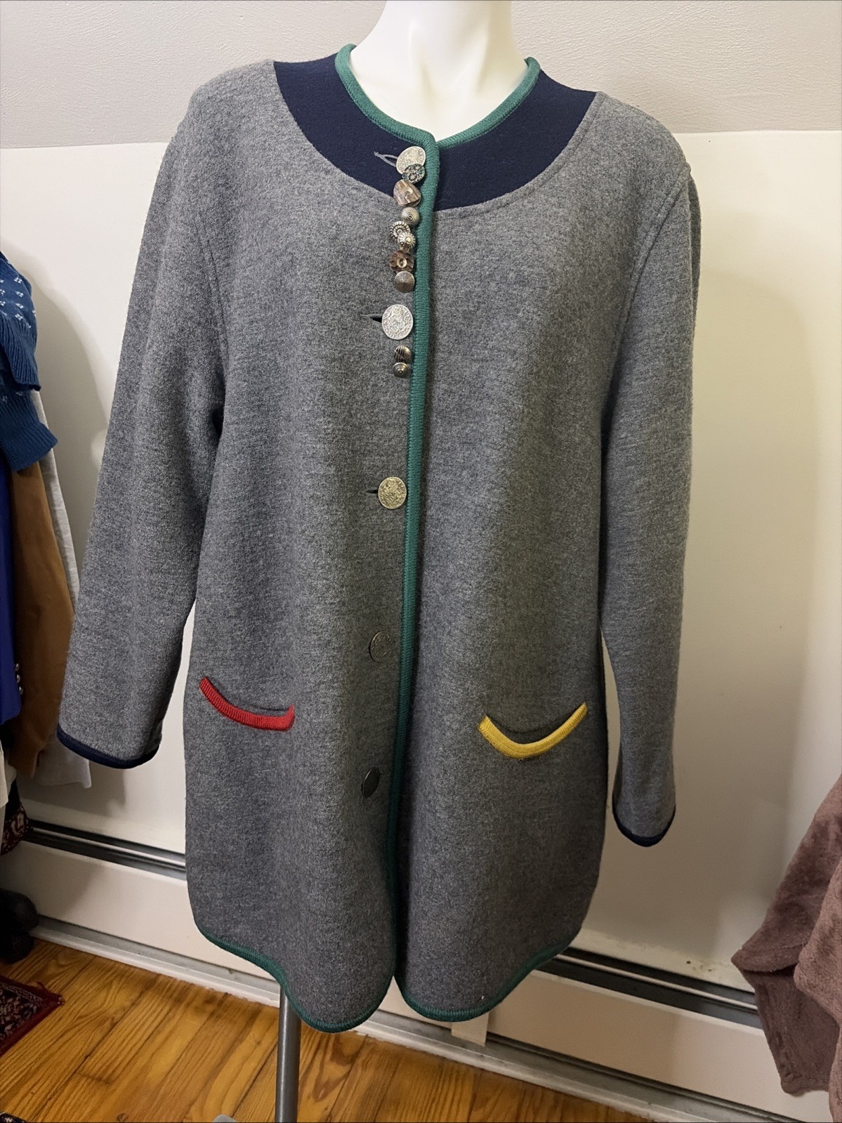 Gorgeous VTG 80s/90s Geiger 100% Wool Coat – Gray Green Blue Yellow Red W Sz 40