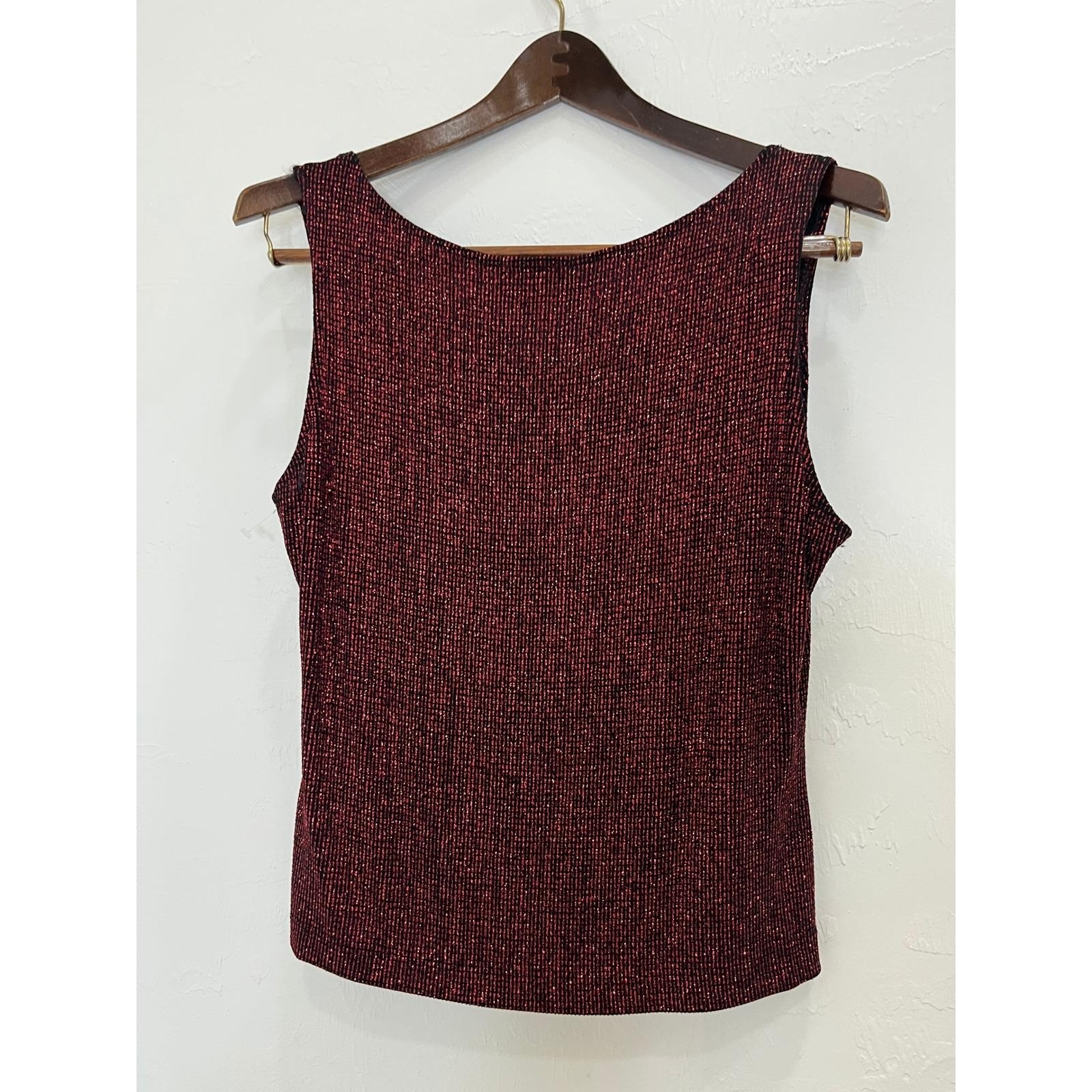 Xscape Twin Set Women Large Red Black Metallic Glitter Knit Cardigan Tank Good
