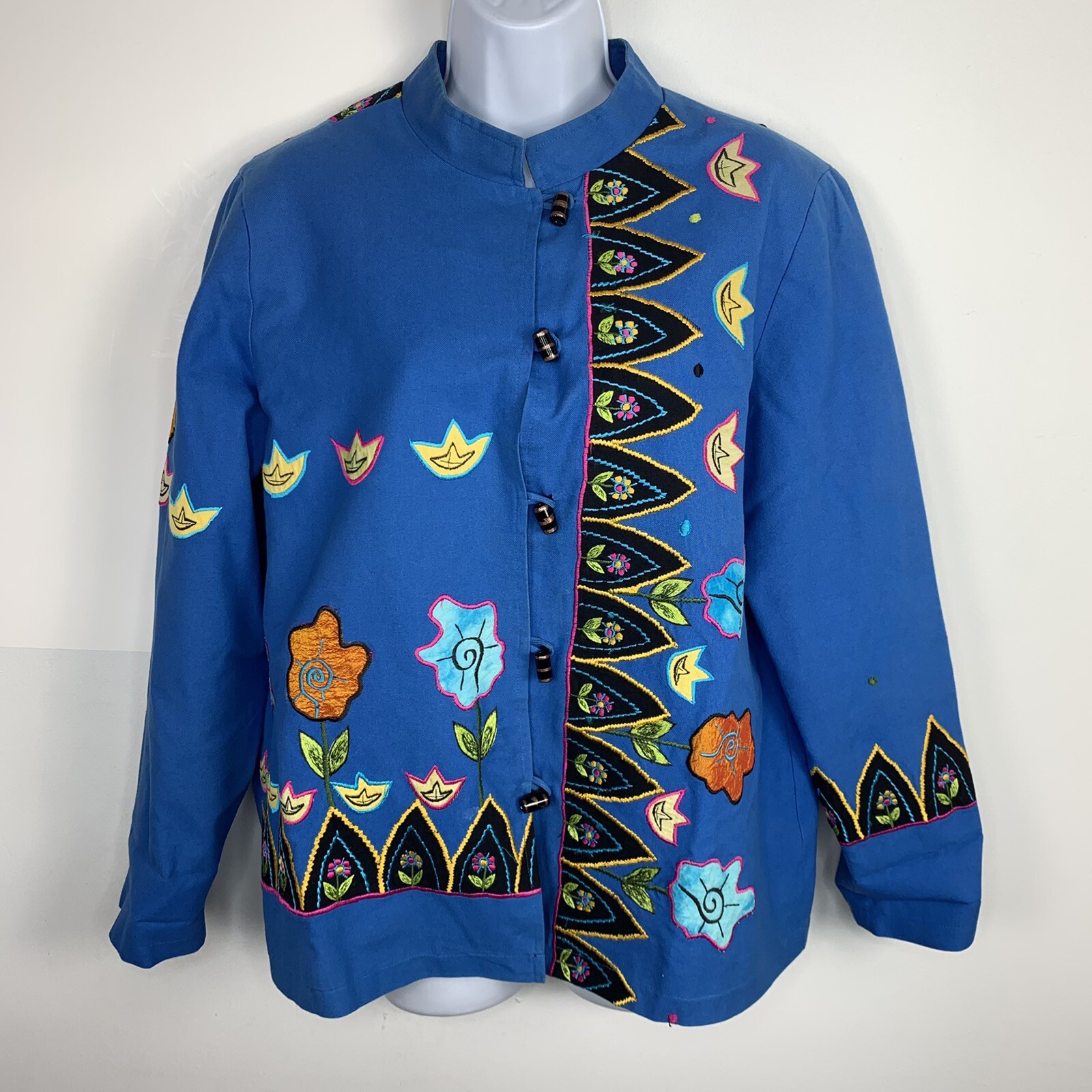 Indigo Moon Jacket sz M Blue Floral Embroidered Artsy Boho Whimsical VINTAGE