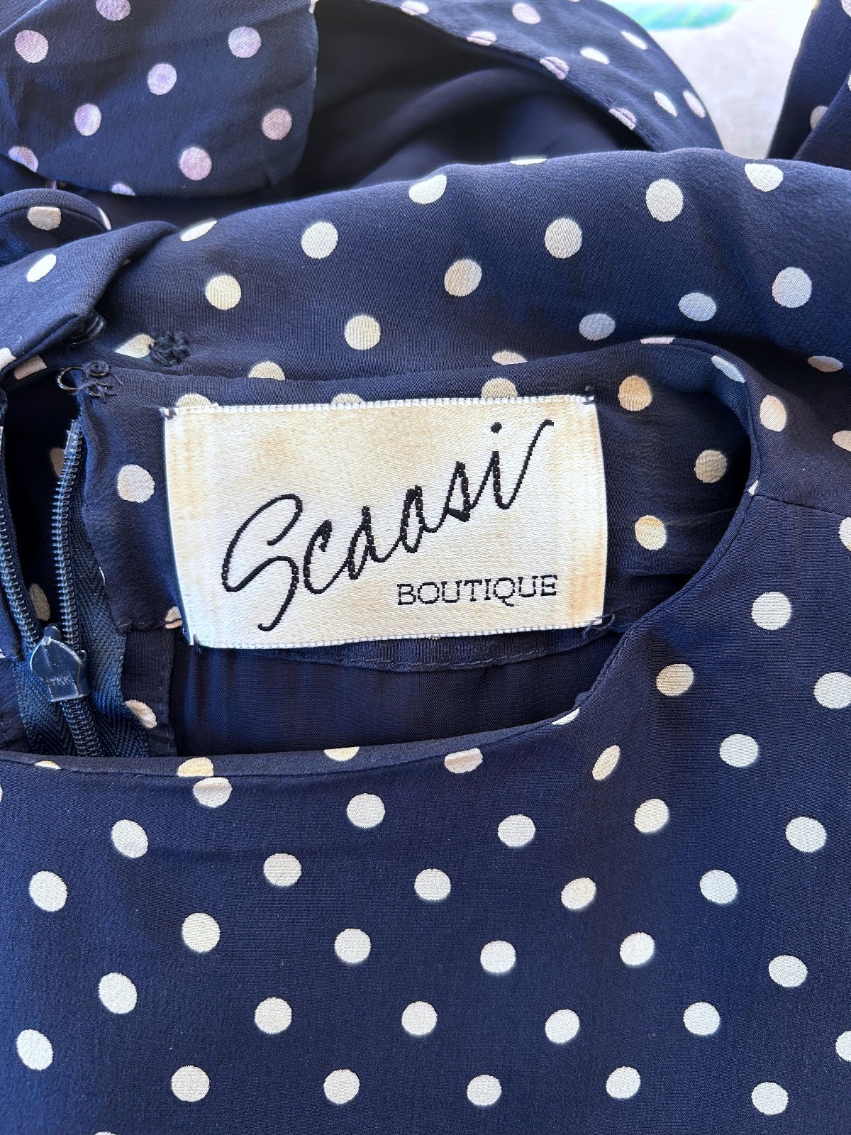 Vintage Arnold Scaasi Dress Pin Up Navy Blue White Polka Dot 80s Cocktail sz S