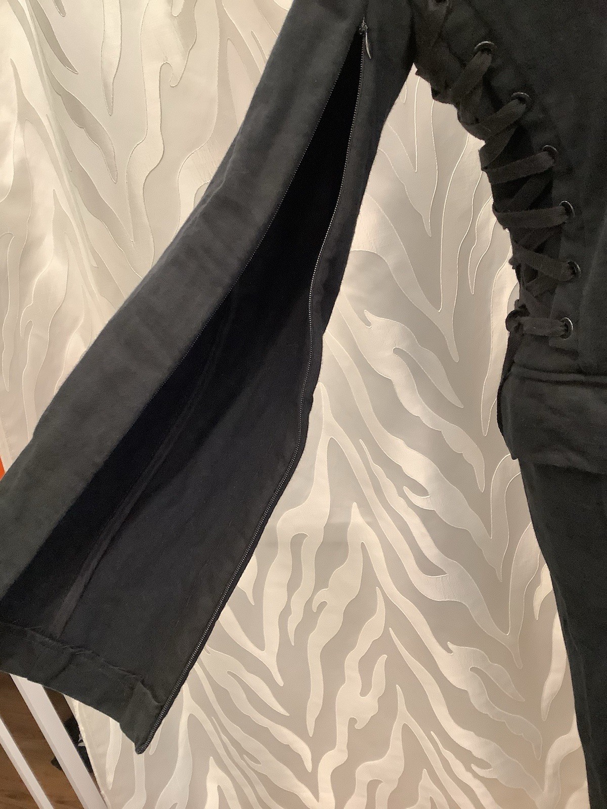 Black Corset Lace Up Sides Split Sleeves Dbl. Breasted Long Goth Coat S/M