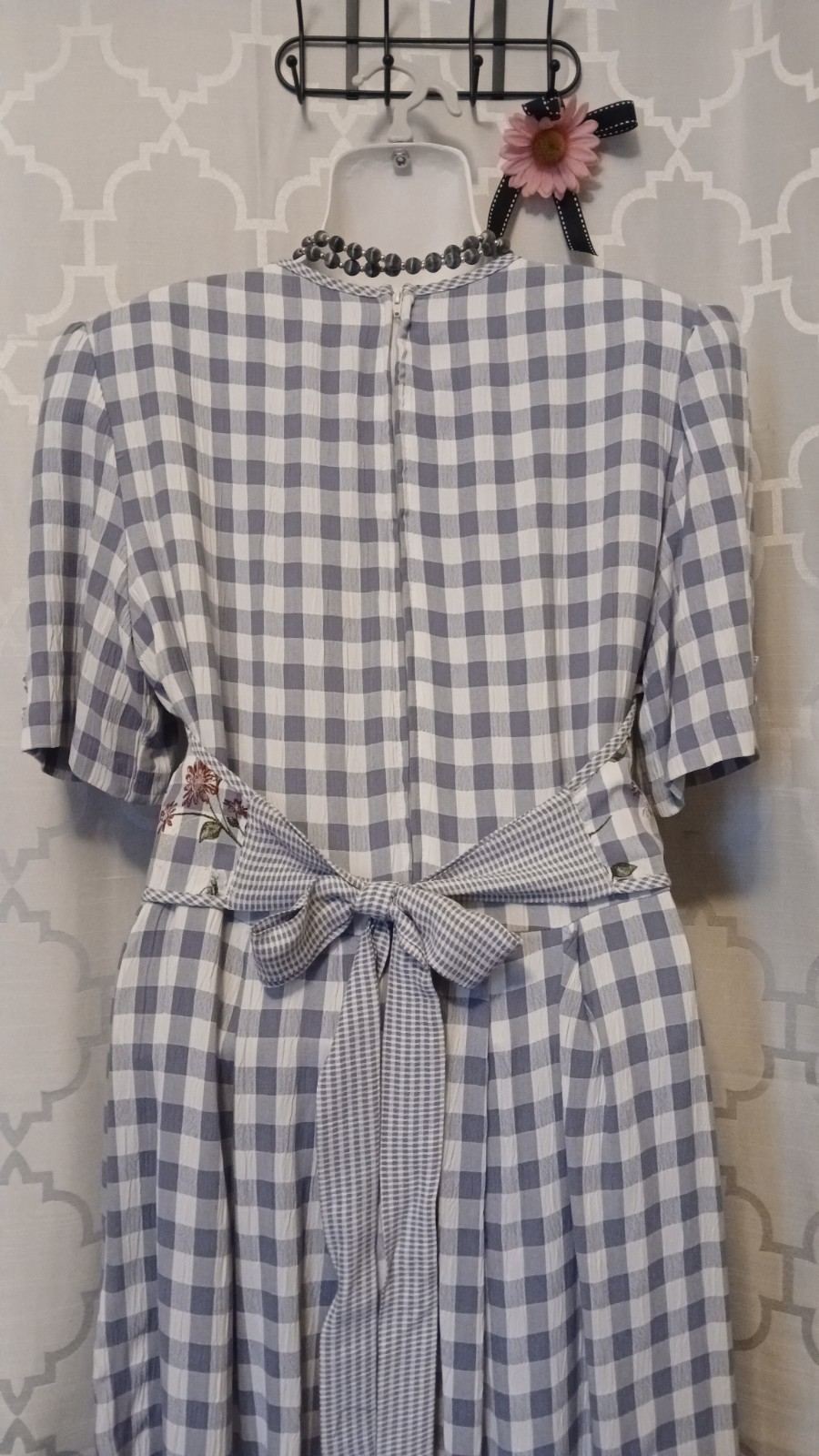 Vintage J.B.S. Ltd. Gingham Maxi Dress Floral Tie-Back Vest Blue Light Size 12.