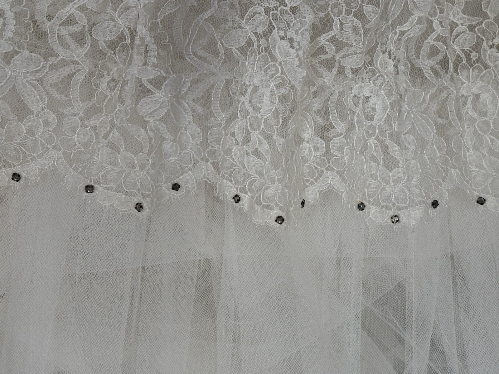 Vtg 1950s Ivory Lace Tulle Bridal Prom Dress Wedding Gown Petticoat Rhinestones