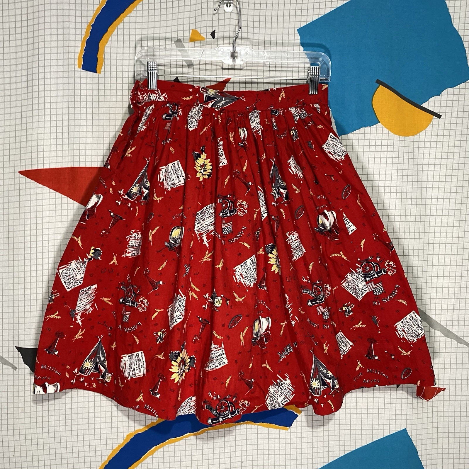 Vintage 50s Novelty Print Skirt Art Santa Fe Railroad Travel Rockabilly Western