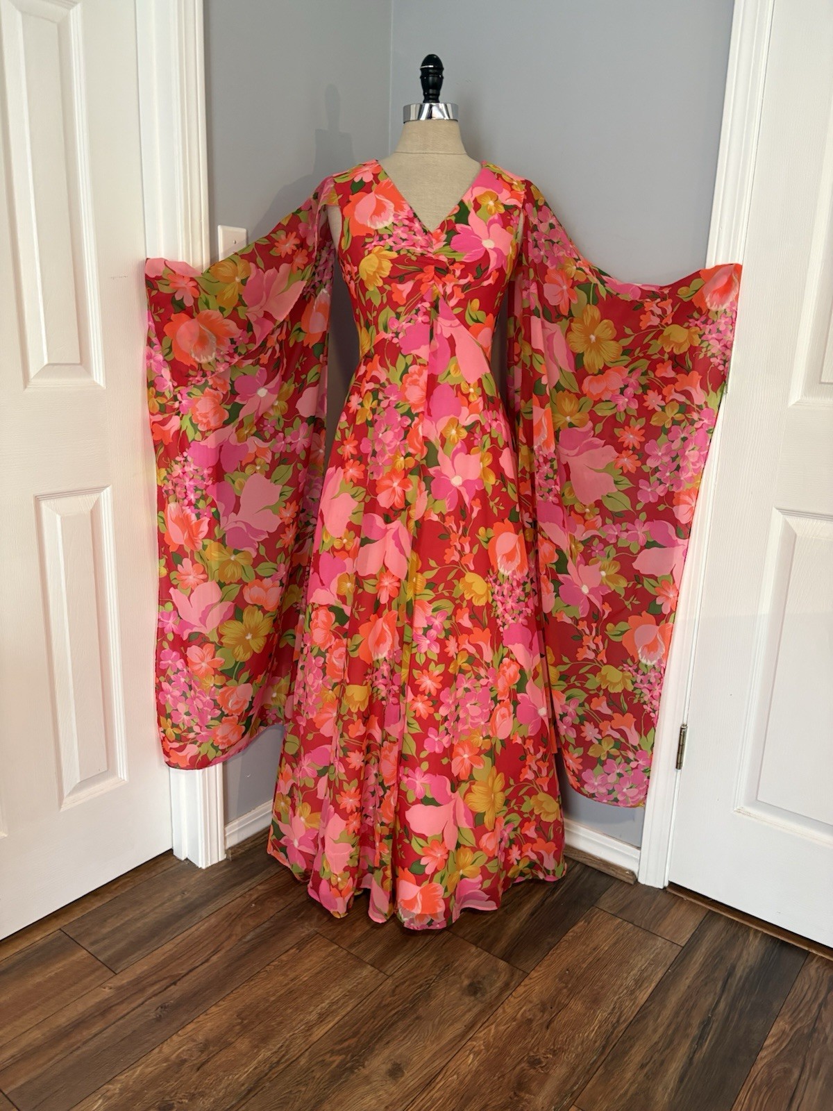 Vintage 60s Angel Wing Asymmetric Kimono Maxi Dress Goddess Psychedelic Boho M