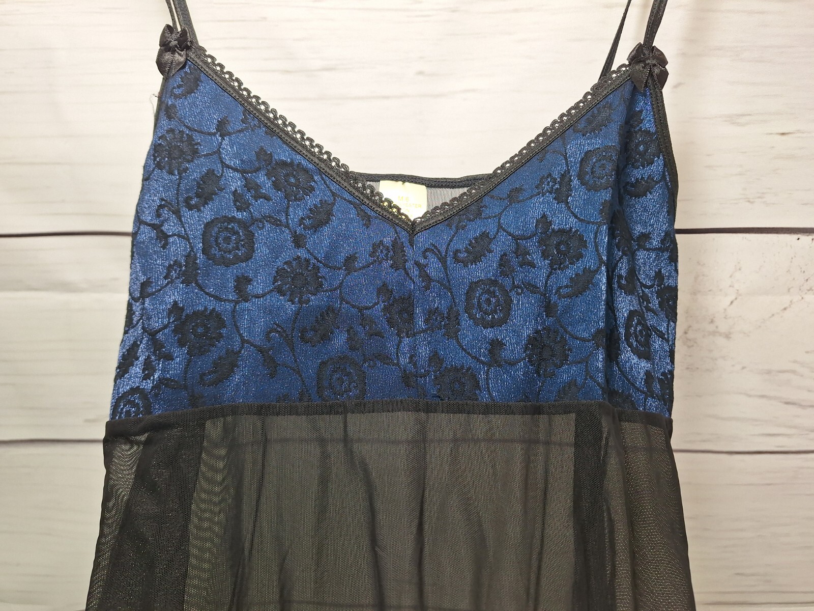 Vintage Blue & Black Lingerie Nightie Negligee with Spaghetti Straps, Size M/6