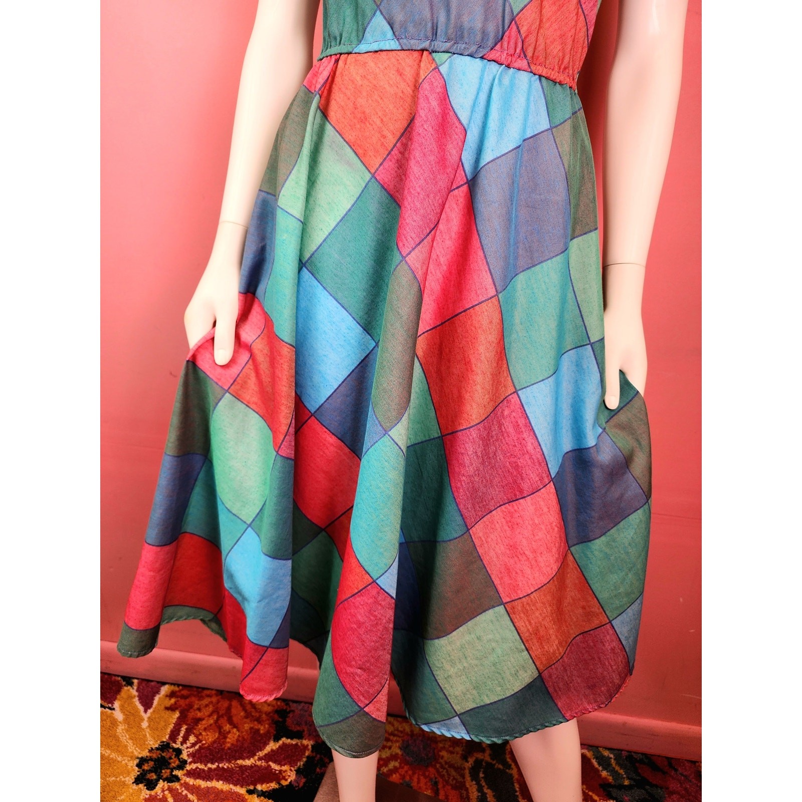 Vintage 1970’s Madras Harlequin Diamond Check Plaid Magenta Blue Shirt Dress